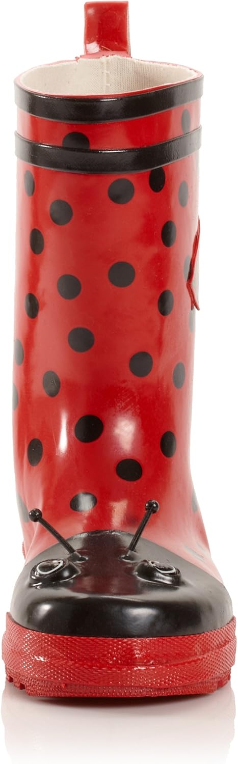 Red Ladybug Natural Rubber Rain Boots With A Pull On Heel Tab