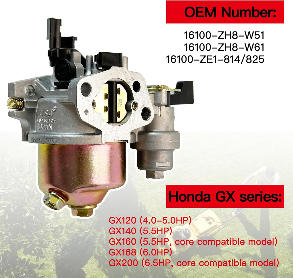 Carburetor for Honda GX200 GX160 GX120 5.5HP 6.5HP 163CC 196CC Engine, with Fuel Line, 3 Gaskets, Replacement Carb
