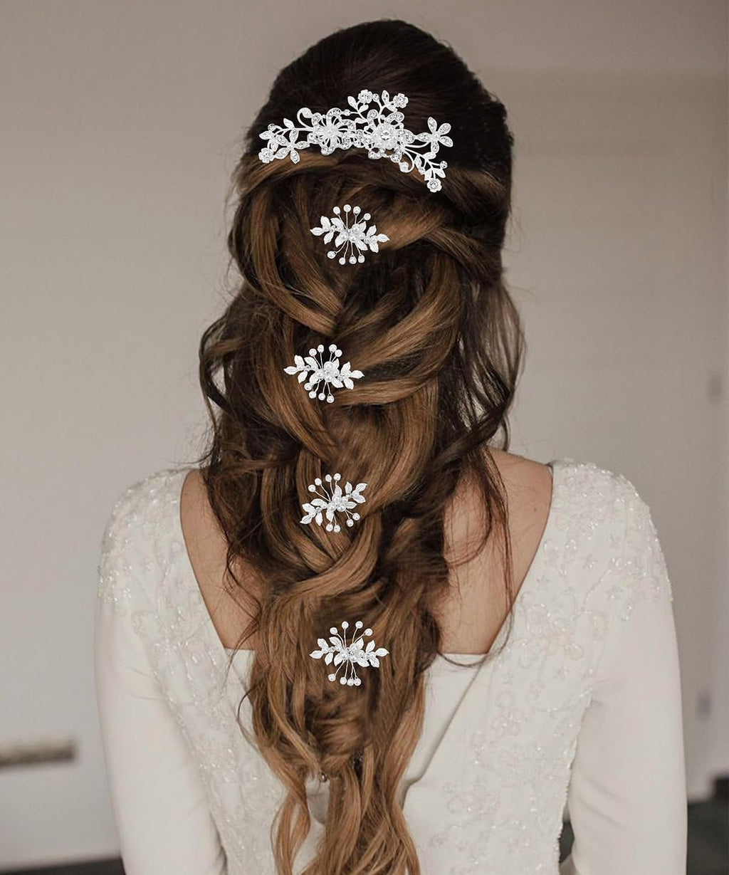 Wedding Bridal Hair Accessories 5Pcs Wedding Hair Pieces for Brides Silver Hair Pins Hair Comb Set Bride Accessory