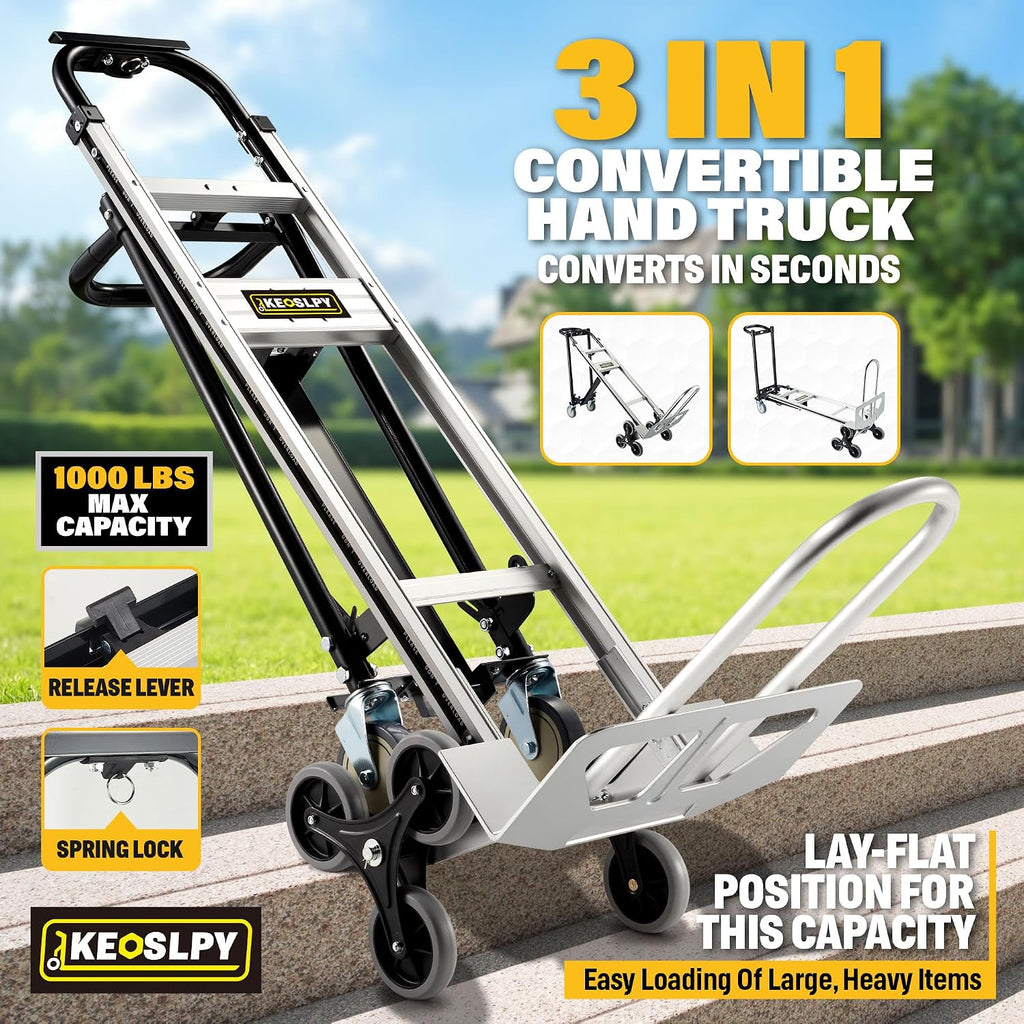 3 in 1 Industrial Convertible Hand Truck Dolly 1000 LBS Capacity | Heavy Duty Stair Climbing Dolly Cart, Aluminum