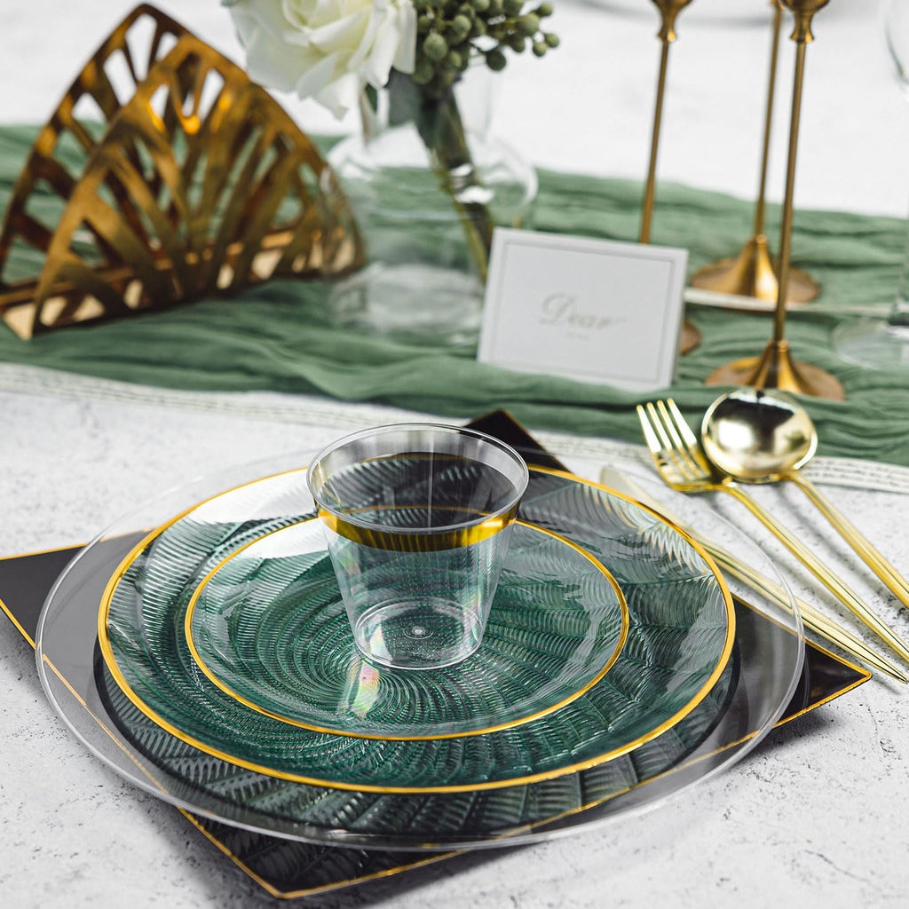 180PCS Green Plastic Plates Gold Rim, Disposable Party Dinnerware Set