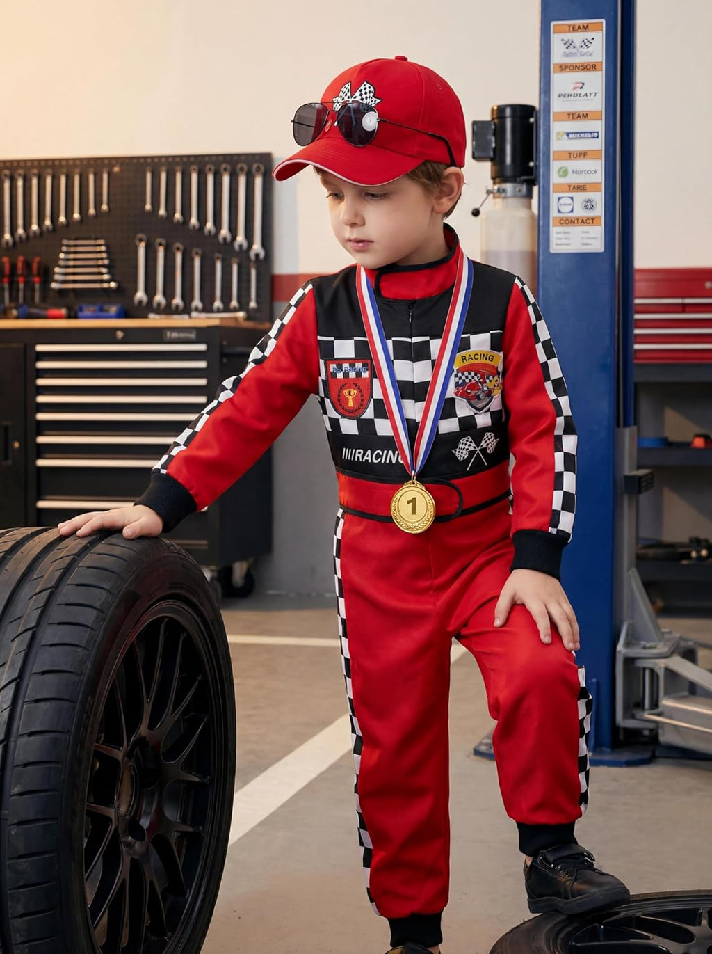 Kids Race Car Driver Costume Set Boys Girls Racer Jumpsuit Halloween Racer Cosplay Dress Up