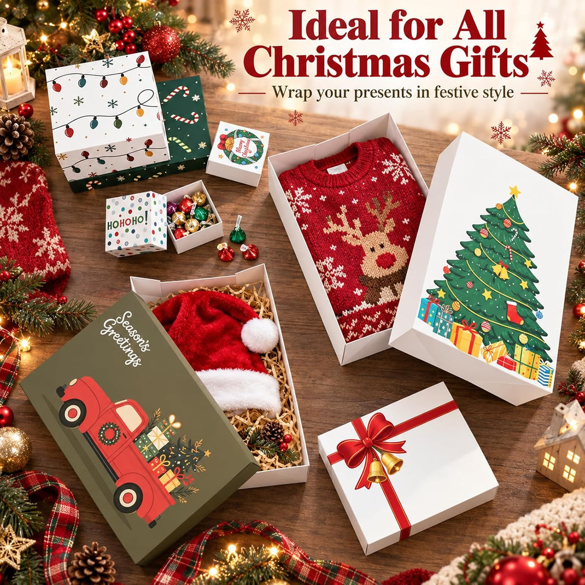 20 Pack Christmas Gift Boxes with Lids, 5 Sizes, 20 Festive Designs