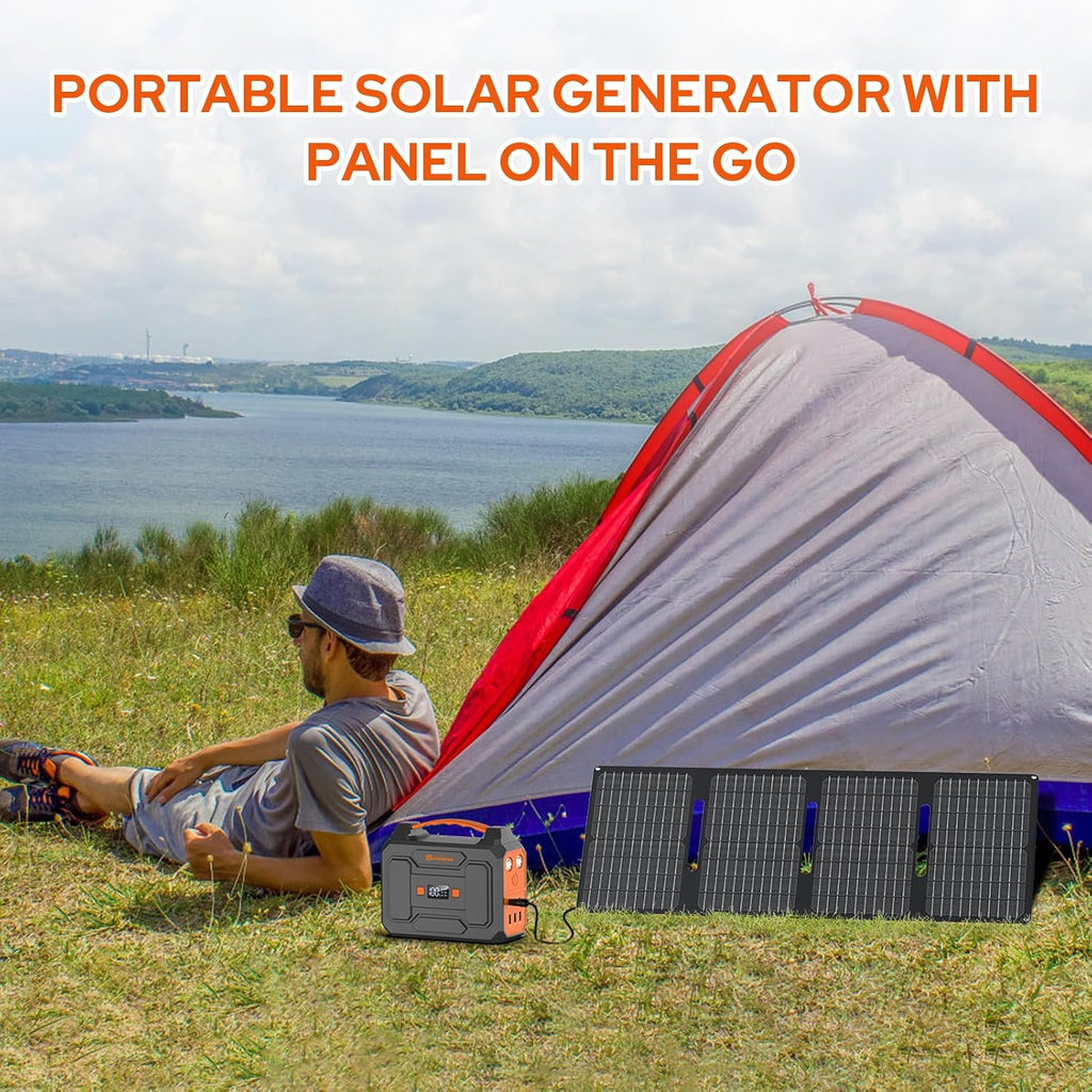 Portable Power Station with Foldable 40W Solar Panel, 100W Solar Powered Generator with Panels, AC Outlet Camping