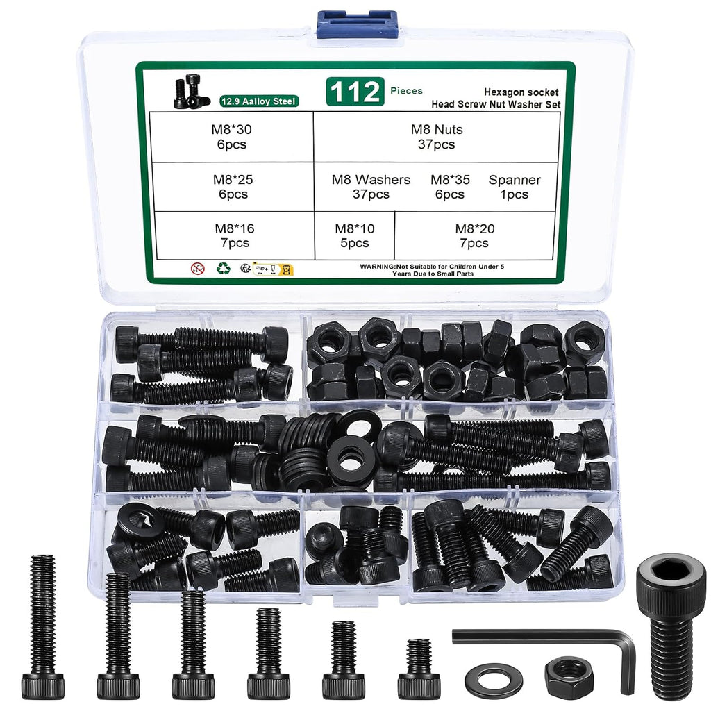 112 Pcs M8 Screws Set, M8 Bolts and Nuts Assortment Kit