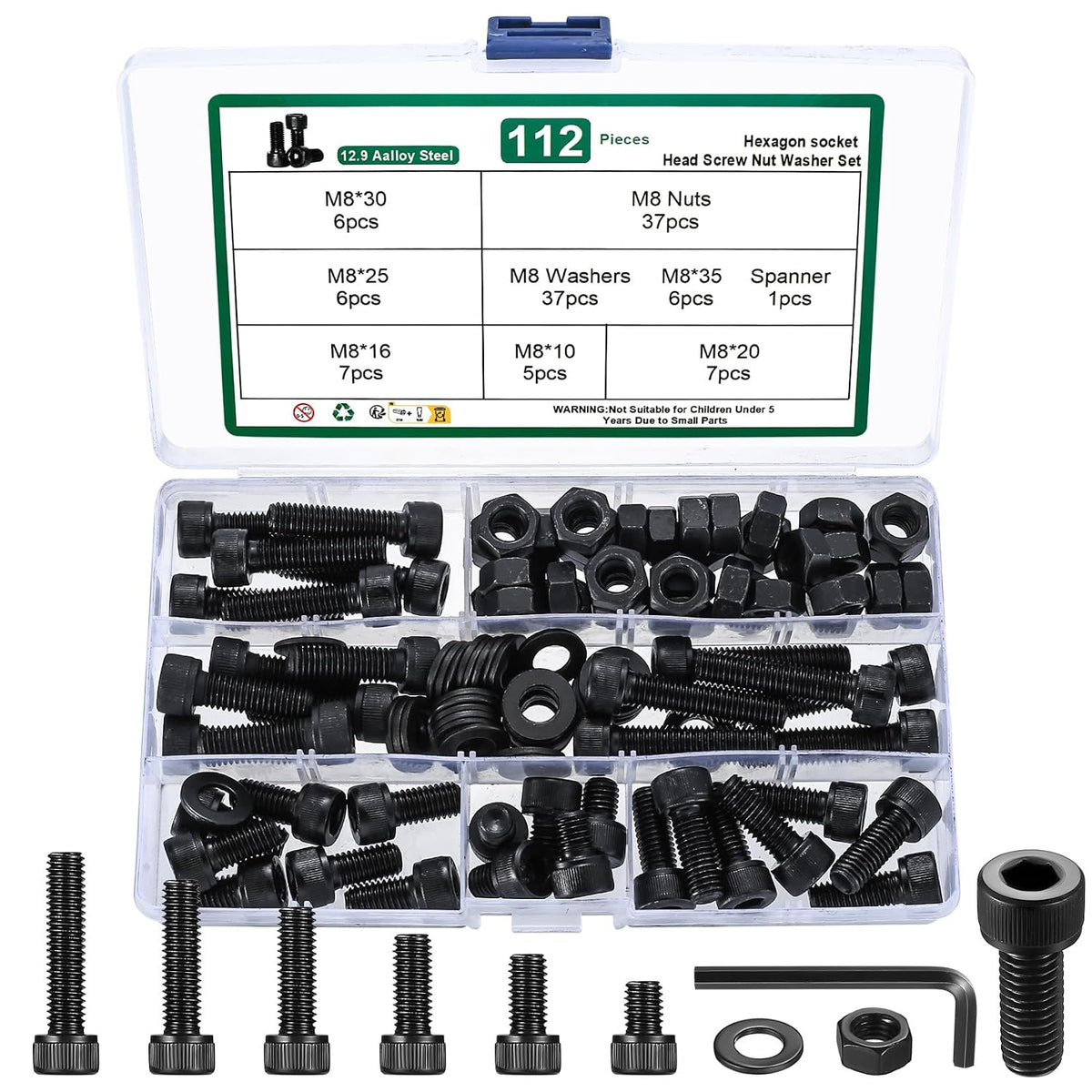 112 Pcs M8 Screws Set, M8 Bolts and Nuts Assortment Kit