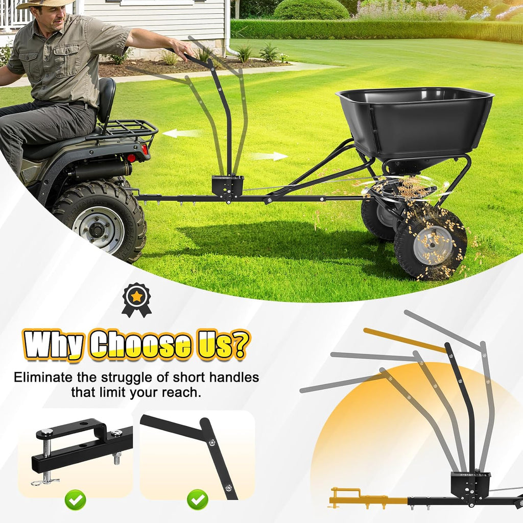 Pull Behind Broadcast Spreader, Fertilizer Spreaders for Lawn Seed Spreader | 130 lb Hopper Capacity with Extended