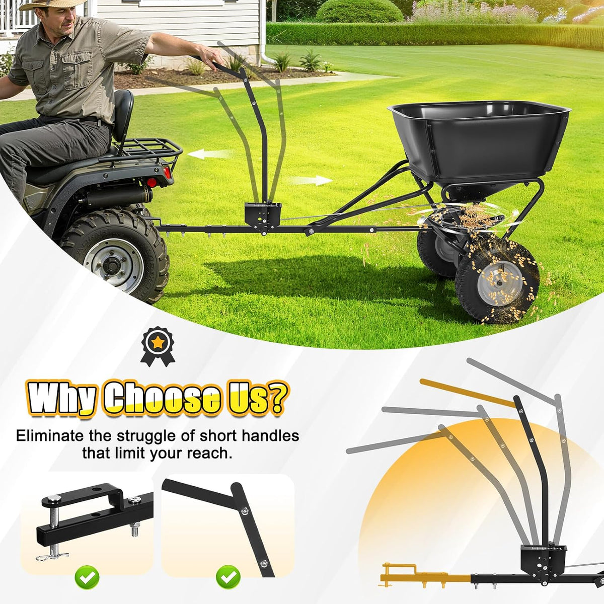 Pull Behind Broadcast Spreader, Fertilizer Spreaders for Lawn Seed Spreader | 130 lb Hopper Capacity with Extended