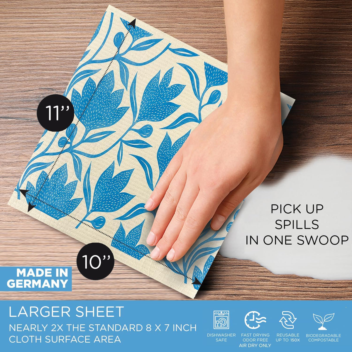 Swedish Dishcloths XL on a Roll, 30 Sheets, Floral Pattern, Perforated Tear-Off 11" x 10" Sheets w/Hook, Reusable