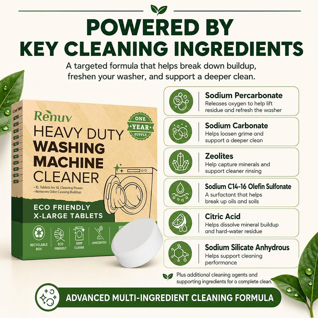 Heavy Duty Washing Machine Cleaner & Descaler, 12 XL Tablets