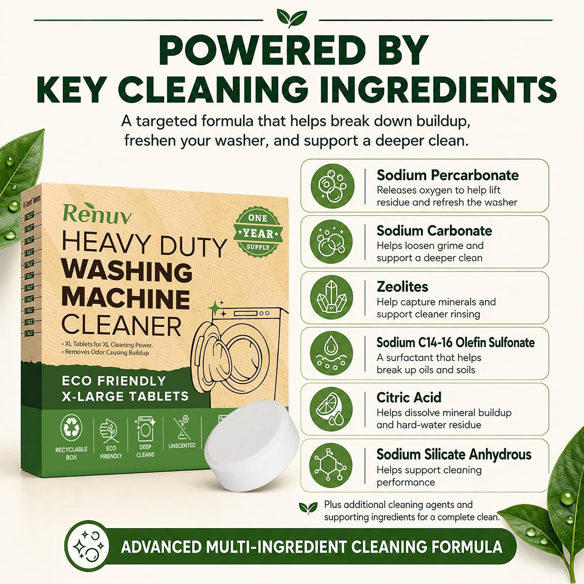 Heavy Duty Washing Machine Cleaner & Descaler, 12 XL Tablets