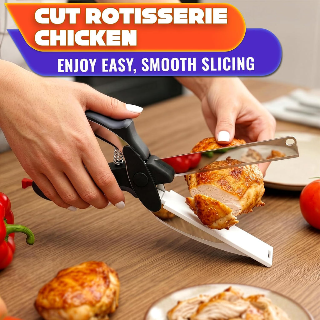 2 in 1 Kitchen Scissors for Food – Stainless Steel 9.5" Tomato Knife Chops Vegetables, Fruit, Cheese, Meat in Seconds