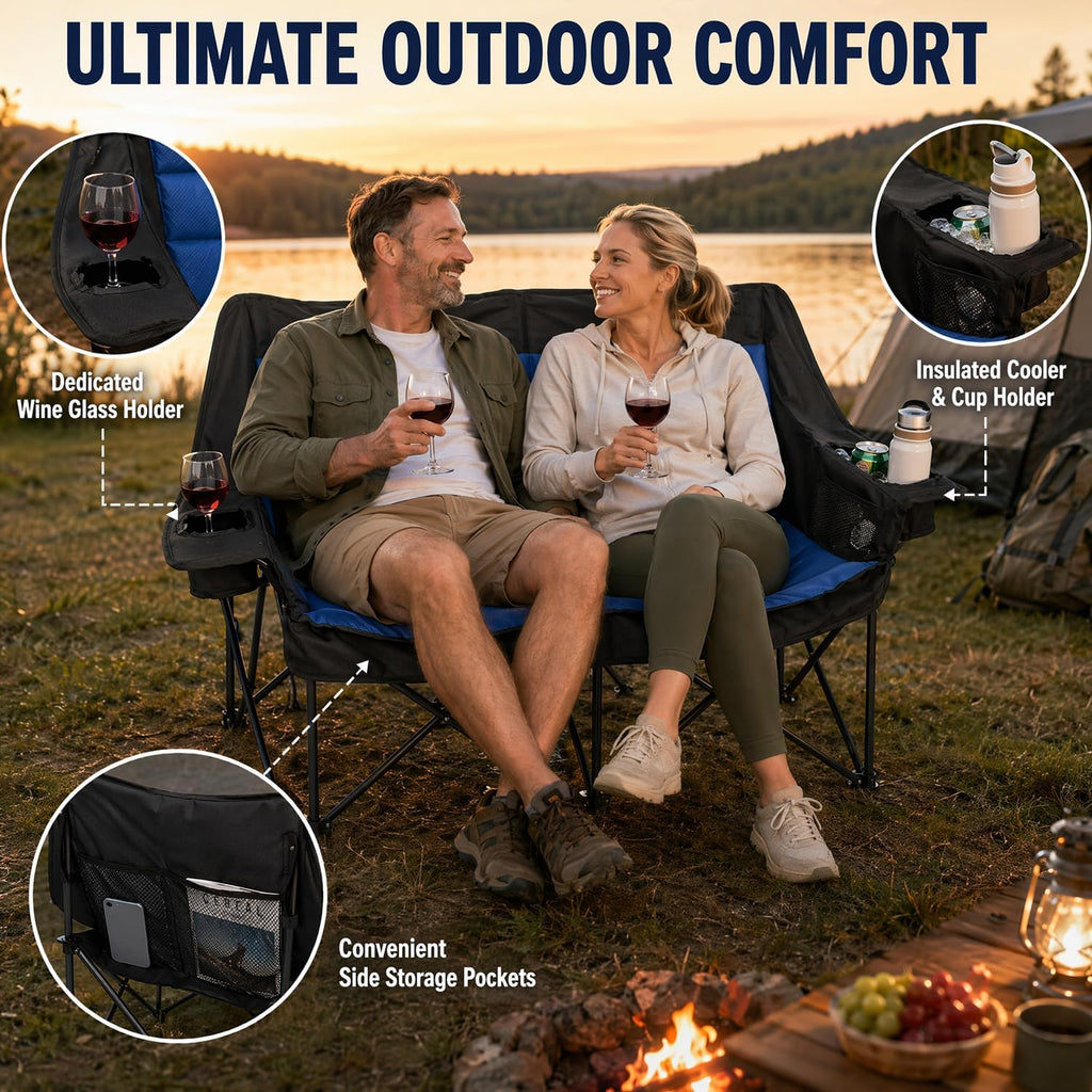 Double Camping Chairs for Adults Folding Loveseat, Heavy Duty Oversized 2 Person Camping Couch Outdoor Portable