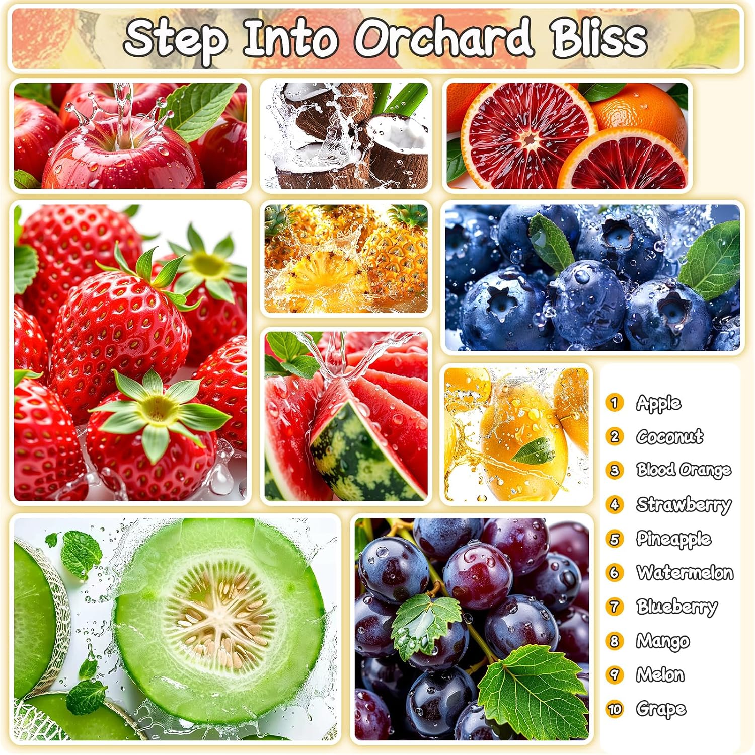 Fruity Fragrance Oil for Candle & Soap Making, 10 Fruit Scents in 5ML Bottles, Coconut, Strawberry, Watermelon