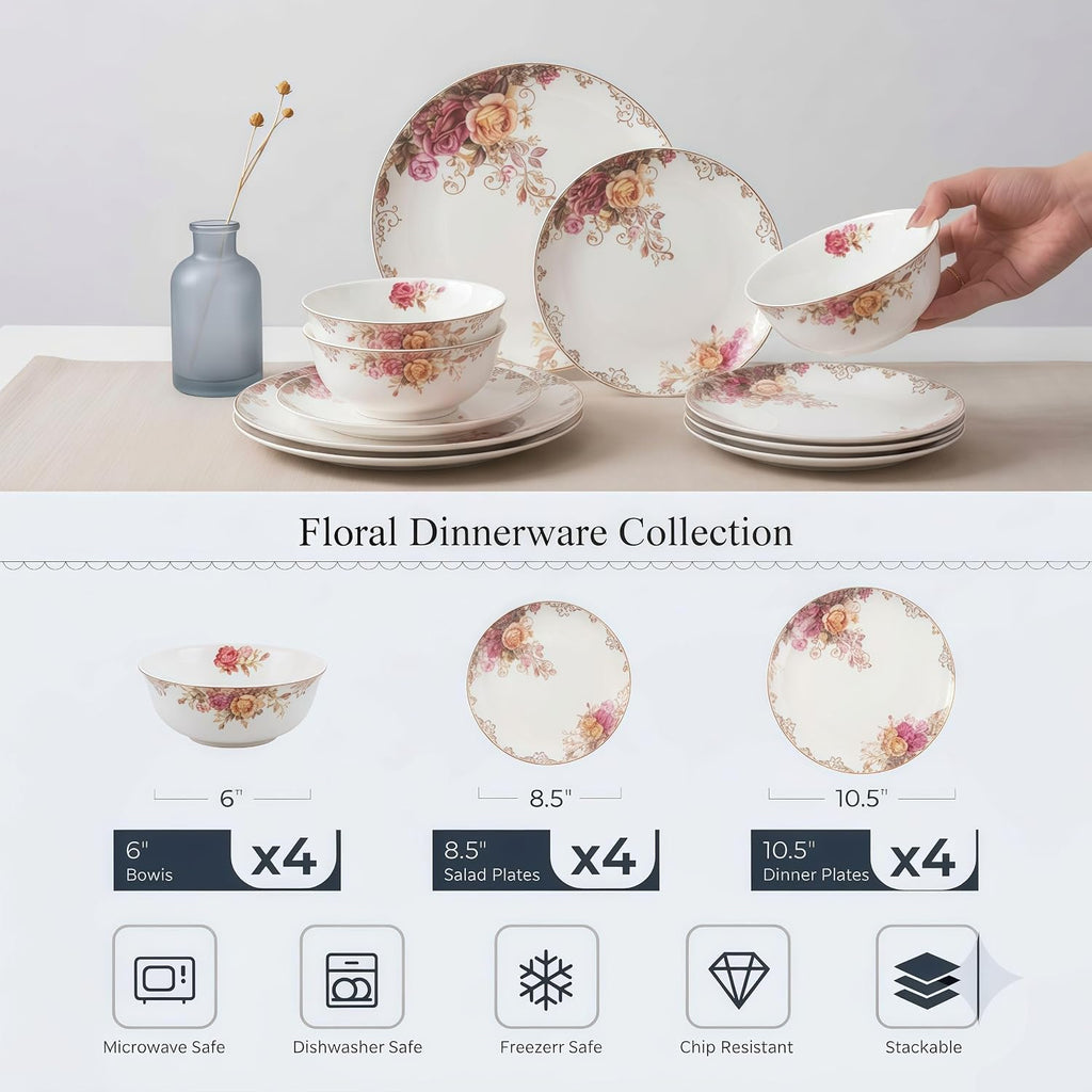 Bone China Dinnerware Set for 4, 12 Pcs Floral Plates and Bowls, Rose Bloom