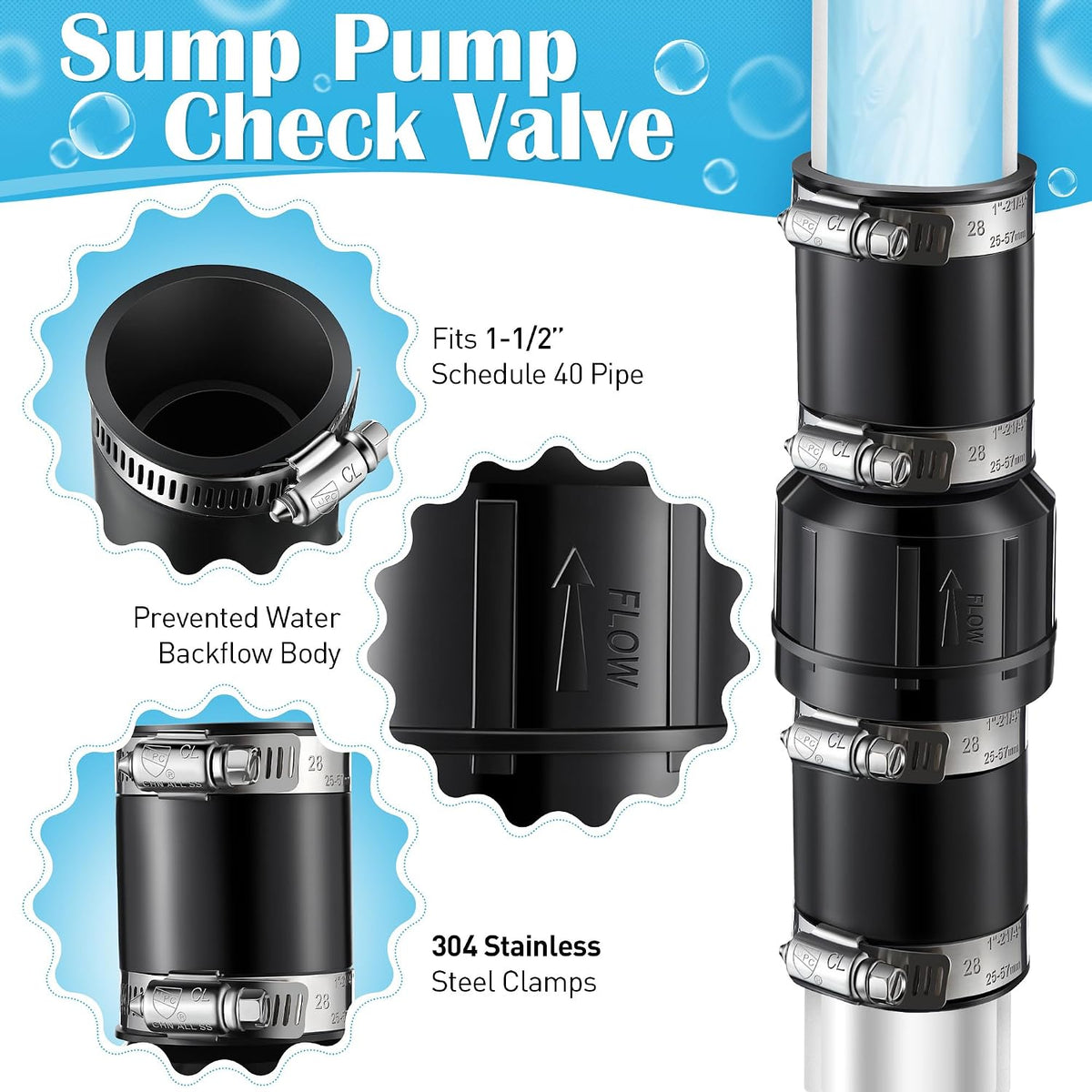 1 Pack Sump Pump Check Valve Fit 1-1/2 inch and 1-1/4 inch Pipe | Slip On Check Valve with 4 Pcs Stainless Steel Hose