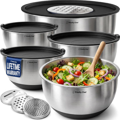 Stainless Steel Mixing Bowls with Lids Set, 3 Grater Attachments, Airtight Lids, Non-Slip Silicone Base Mixing Bowl