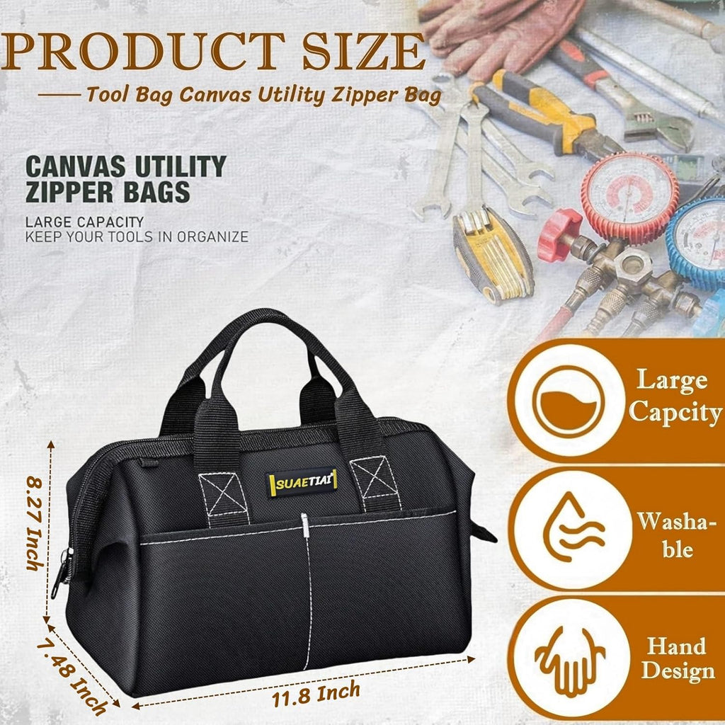 12 Inch Small Tool Bag for Men, Multi Pocket Small Tool Box, Canvas Tool Bags Organizer, Zipper Tool Tote for