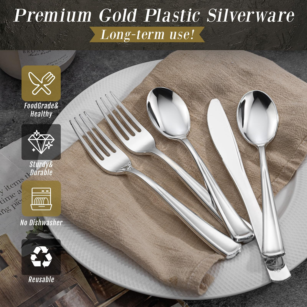 500PCS Silver Plastic Silverware - Plastic Silver Utensils - 250 Forks 125 Spoons 125 Knives - Heavy Duty Disposable