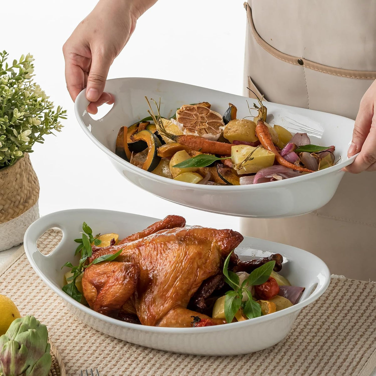 Large Serving Bowl with Handles, Oval Serving Platter Set of 2