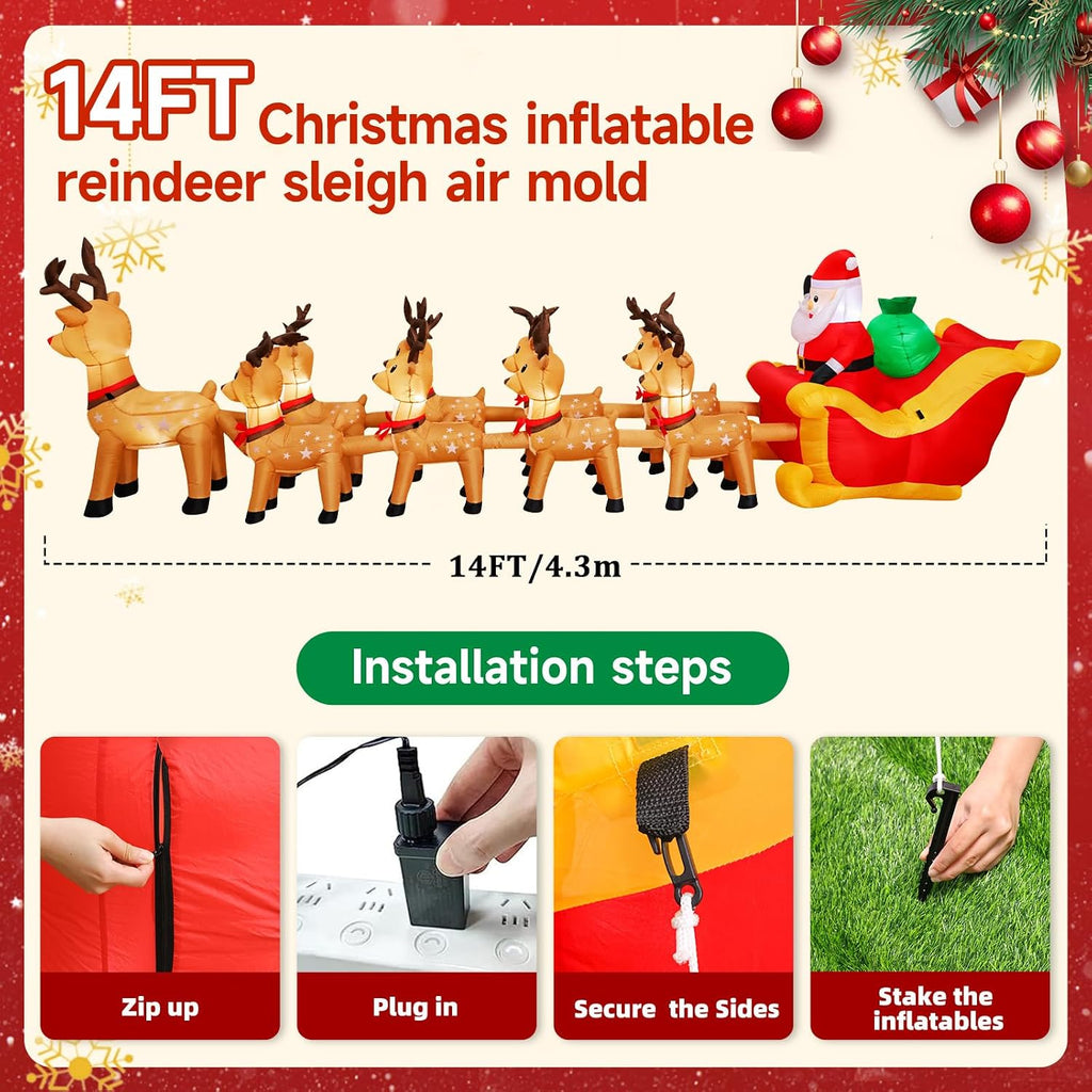 14 FT Christmas Inflatables Outdoor Decorations, Santa Claus Sleigh and 9 Reindeers Inflatable Xmas Blow up Yard
