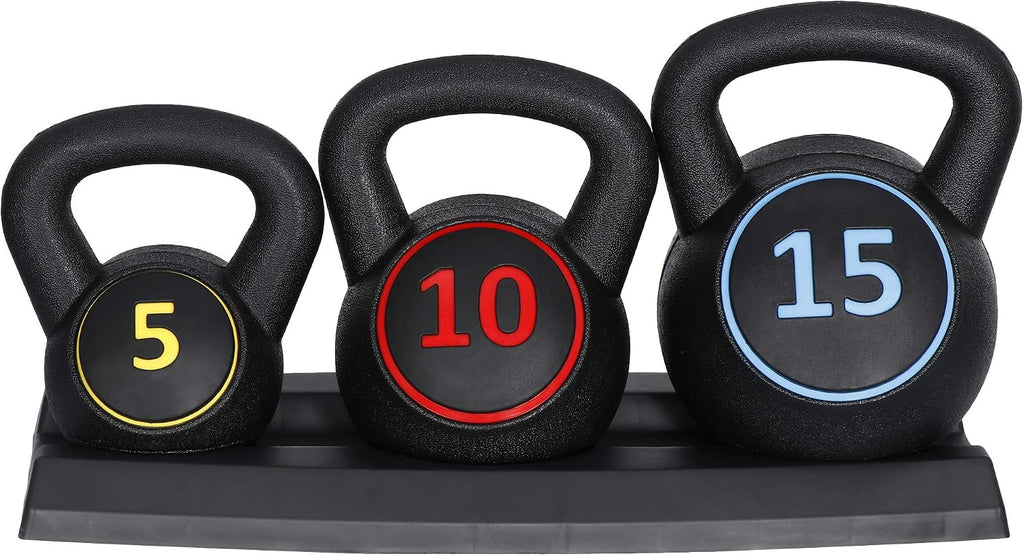 3-Piece Kettlebell Set, Exercise Fitness Weight Set with Base Rack for Home Gym, Home Workouts, Strength Training