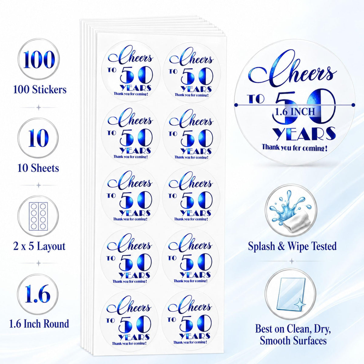 50th Birthday Thank You Stickers: 100 Count, 1.6 Inch Round