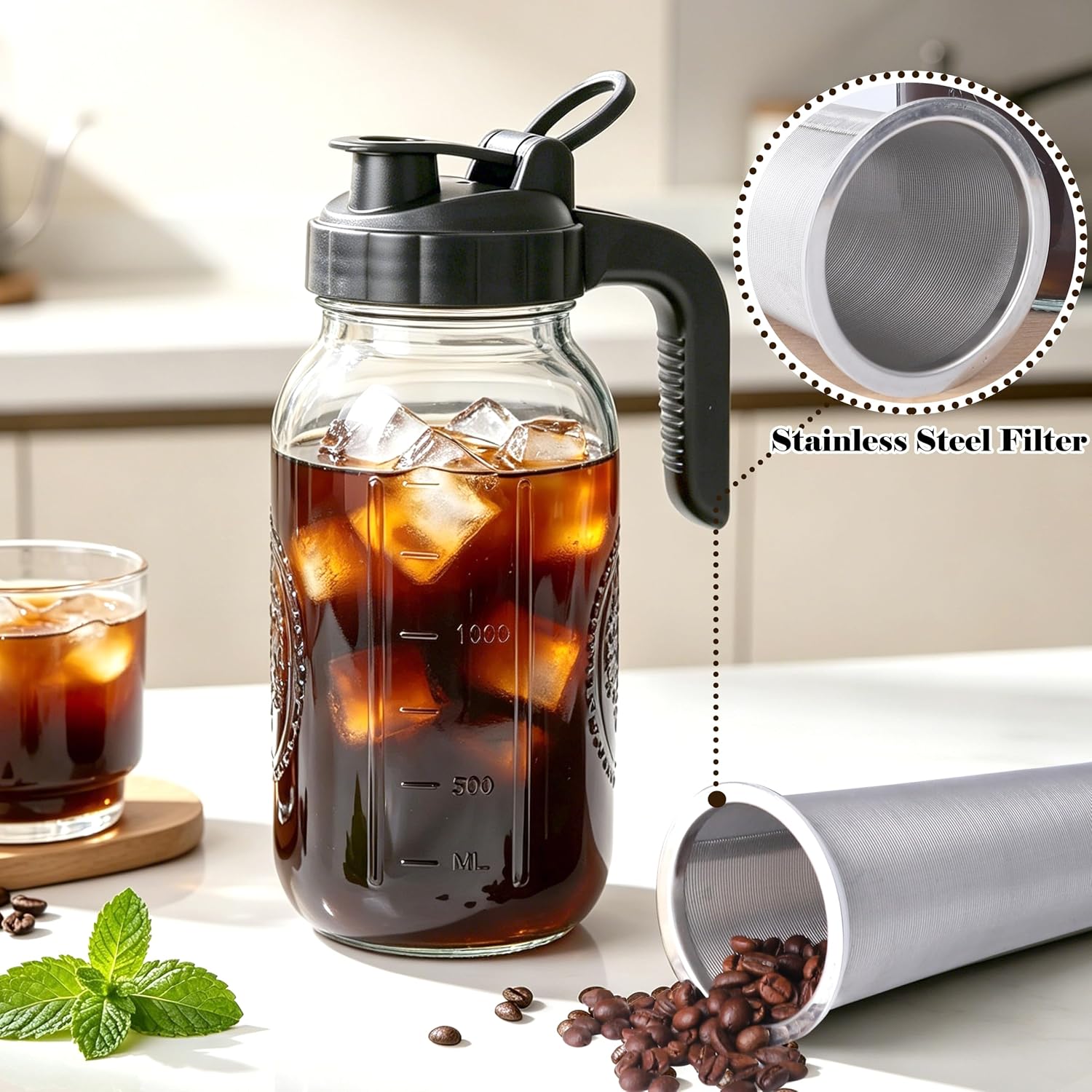 Cold Brew Coffee Maker 64oz Iced Coffee Maker with Stainless Steel Filter | Wide Mouth Glass Pitcher with Pour Spout