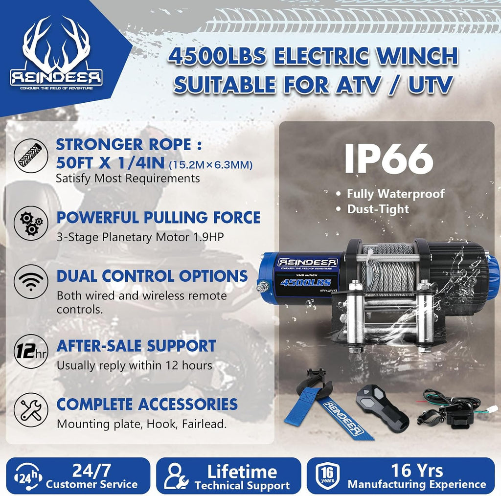 Electric Winch Kit 4500lbs,ATV UTV Winch with Wireless Wired Remote Controls Steel Cable Wire Rope,Hook& Hawse