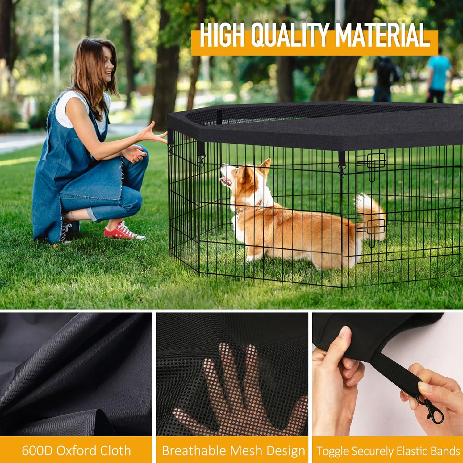 Dog Playpen Top Cover Only for 8 Panel 24 Inch Pet Playpen, Black Mesh Shade Cover for Small Medium Pets, Indoor