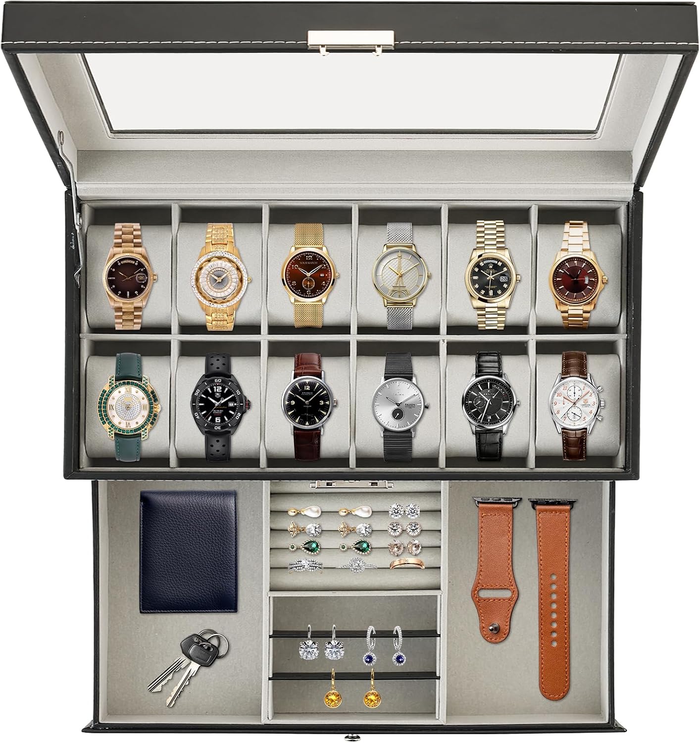 12 Slots Watch Case with Lockable Watch Jewelry Box for Women Men | Jewelry Display Case, Leather Watch Organizer