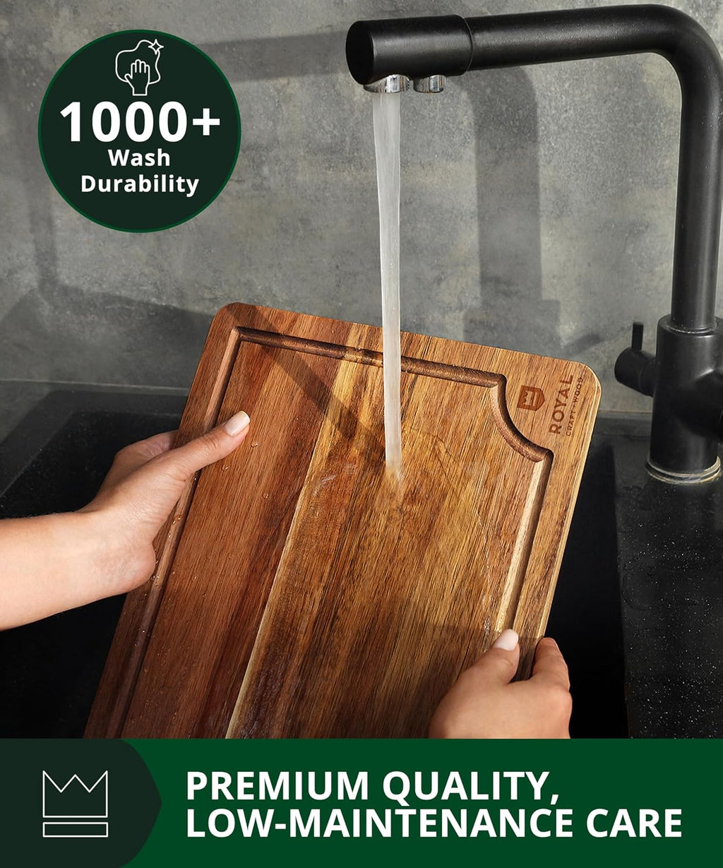 Wooden Cutting Boards for Kitchen Meal Prep & Serving - Bamboo Wood Serving Board Set with Deep Juice Groove Side