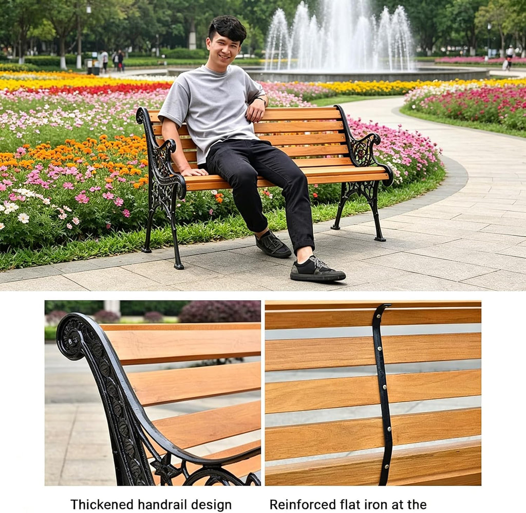 Outdoor Metal Garden Bench, 2-3 Person Patio Park Bench, Two-Seat Solid Wood Seat, Metal Frame, Backrest and