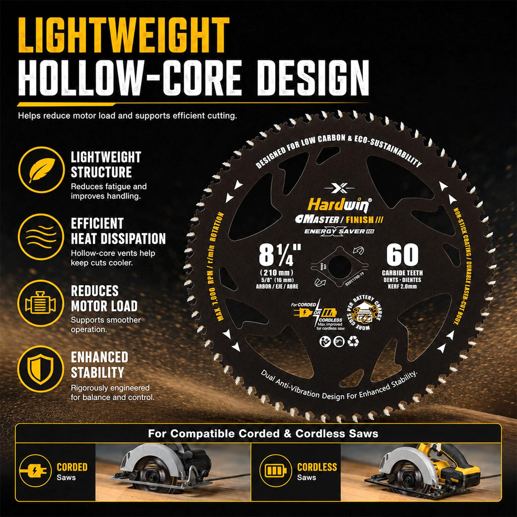 8-1/4 Table Saw Blade 60T Wood Cutting, 5/8 Arbor, Diamond Knockout | 60T carbide teeth and 2.0mm thin kerf deliver