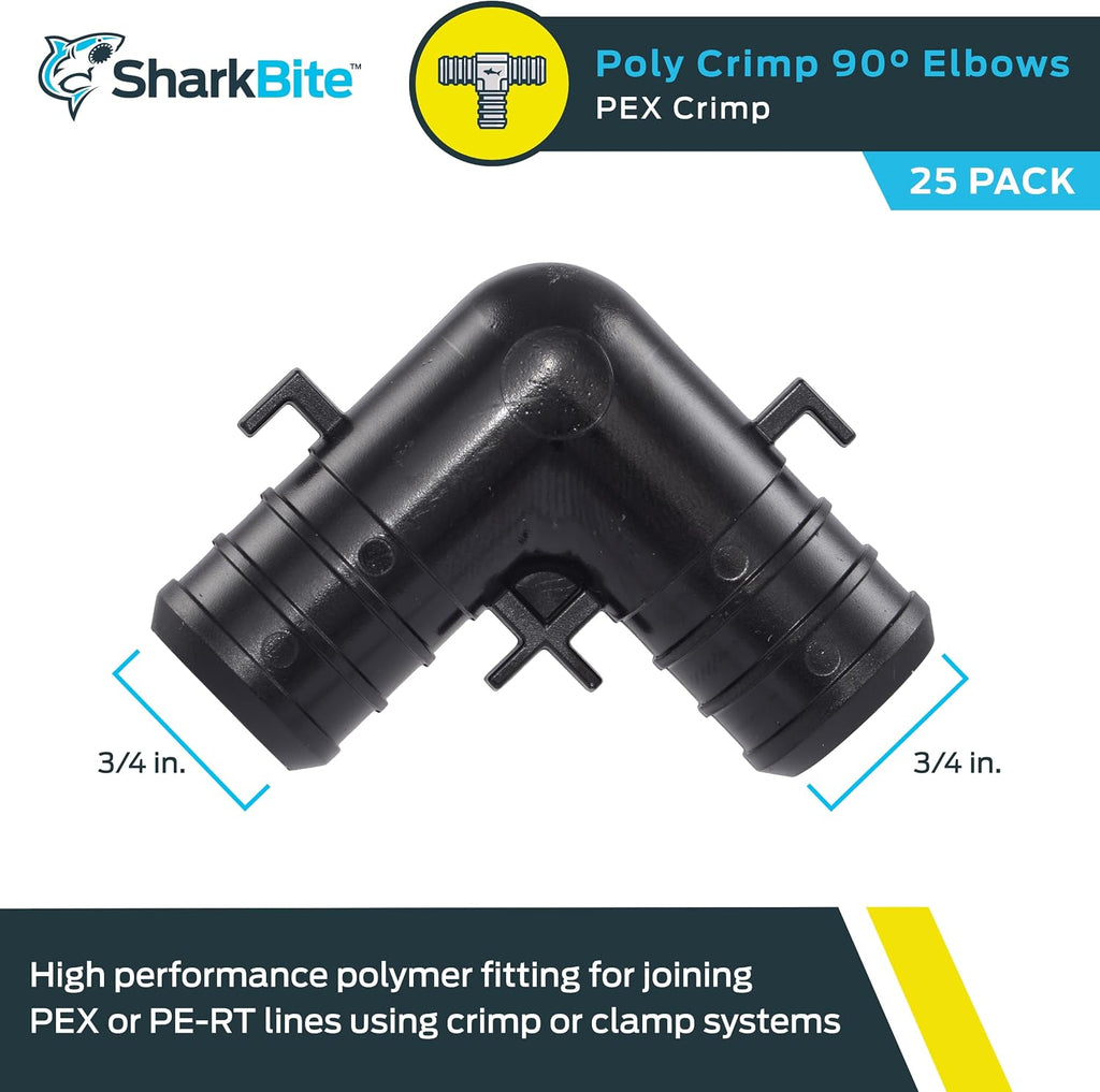 SharkBite 3/4 Inch Poly Crimp 90 Degree Elbow, Pack of 25, PEX Pipe, PE-RT, UP256