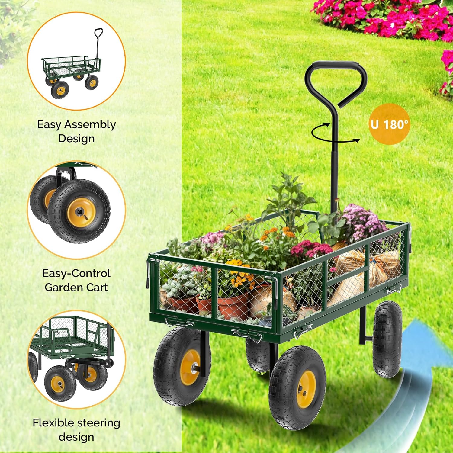 Heavy Duty 800 LBS Mesh Steel Garden Cart, Detachable Utility Wheelbarrow, Yard and Garden Wagon Cart with Removable
