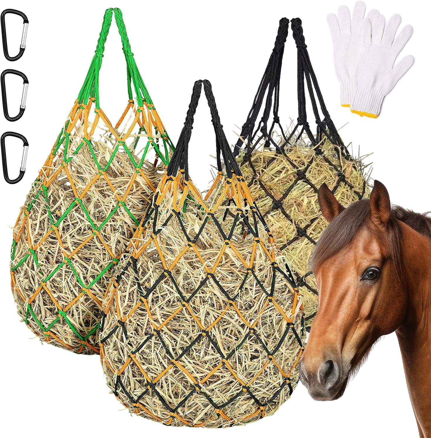 Slow Feed Hay Nets 3 Pack 40-Inch Durable Mesh Hay Bags Feeder for Horses
