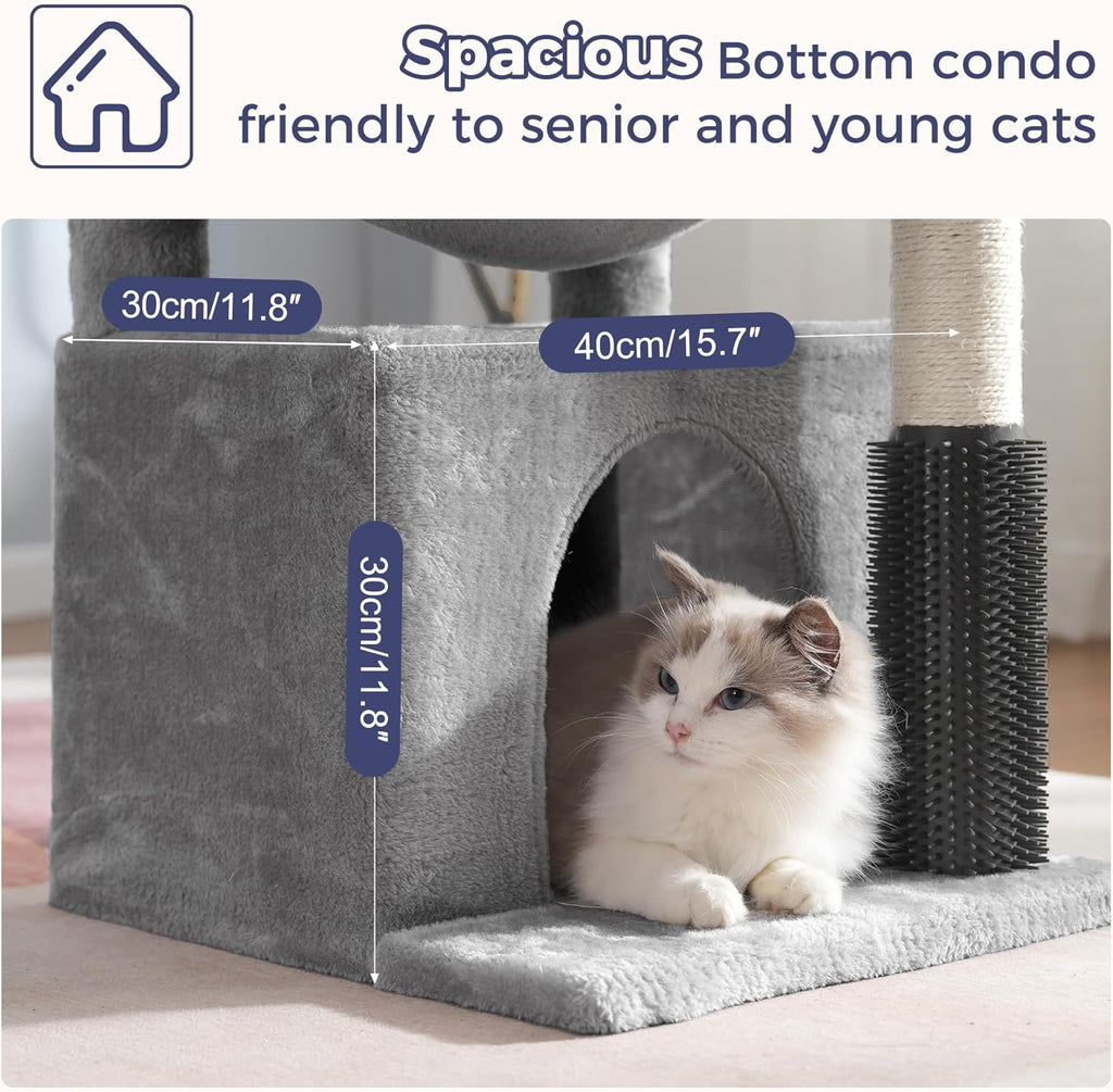 Cat Tree 32 Inches Small Cat Tower with Large Hammock Dia 15.7”,Self Groomer, Fully Scratching Post, Removable Top