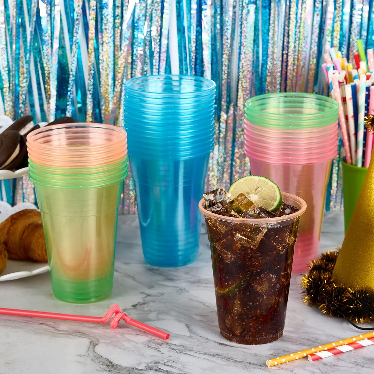 100 Pack 16 oz Plastic Cups, Assorted Neon Glow Party Cups