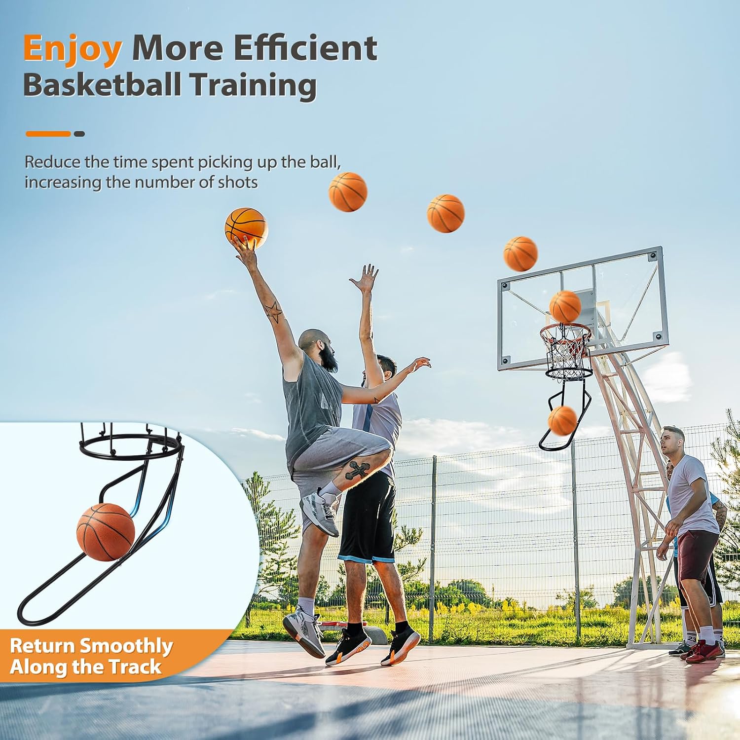 Basketball Return Attachment, Heavy Duty Basketball Rebounder with 3 Stable Large Hooks, Durable Basketball