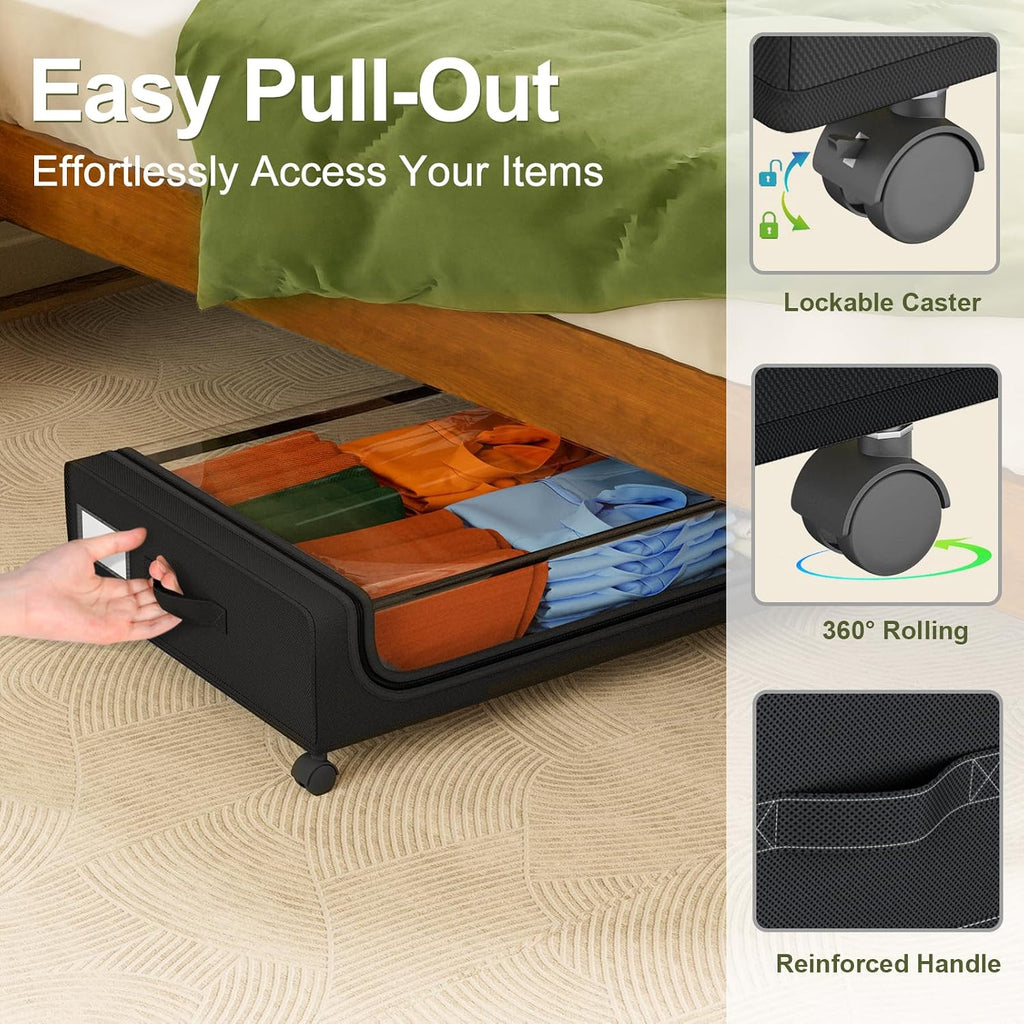 Under Bed Storage with Wheels: 48L Underbed Storage Containers with Clear Lids - Rolling Drawers & Bins for Shoes