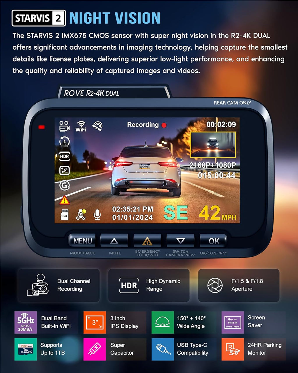 R2-4K DUAL Dash Cam Front and Rear, STARVIS 2 Sensor, FREE 128GB Card Included, 5G WiFi - up to 20MB/s Fastest