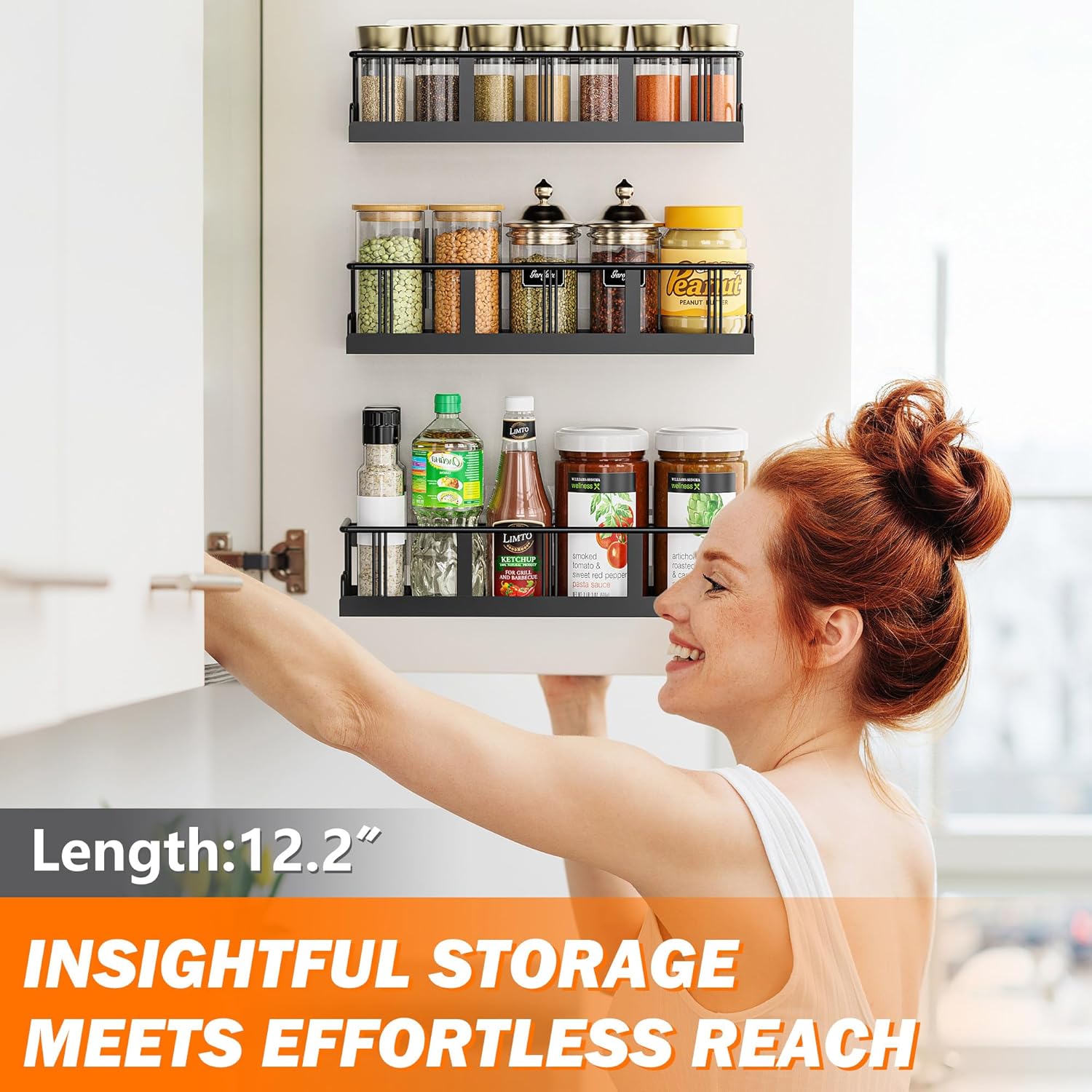 Spice Rack Wall Mounted 2 Pack,RV Spice Rack,Black | 8 Built-in Hooks,2 Versatile Sizes, Space-Saving,Flat Base