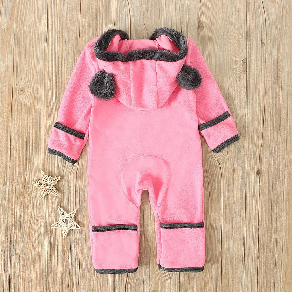 Newborn Baby Boy Girl Fleece Footed Jumpsuit Bear Ears Hooded Romper Zip up Winter Coat Bunting Bodysuit Outerwear