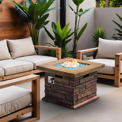 32" Outdoor Propane Fire Pit, Square Stonecrest Gas Firepit for Outside Patio, Concrete Propane Fire Table 50,000 BTU