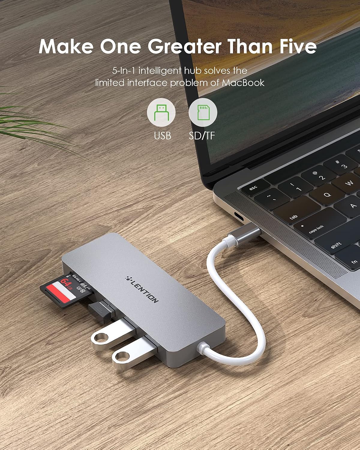 USB C Hub with 1ft Cable for Laptop Stand, 5-in-1 Multiport Adapter with 3 USB 3.0 5Gbps, TF/SD Card Reader for