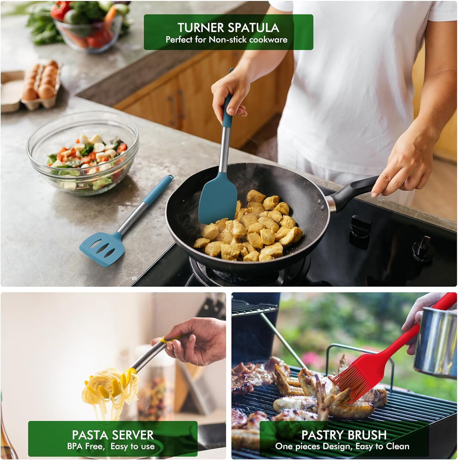 446°F Heat Resistant Silicone Kitchen Utensils, Cooking Utensil Set, Spatula Set, BPA Free, Kitchen Gadgets, Utensils