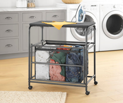 Triple Laundry Sorter with Ironing & Folding Table - Rolling Laundry Sorter with Ironing Table - Gunmetal
