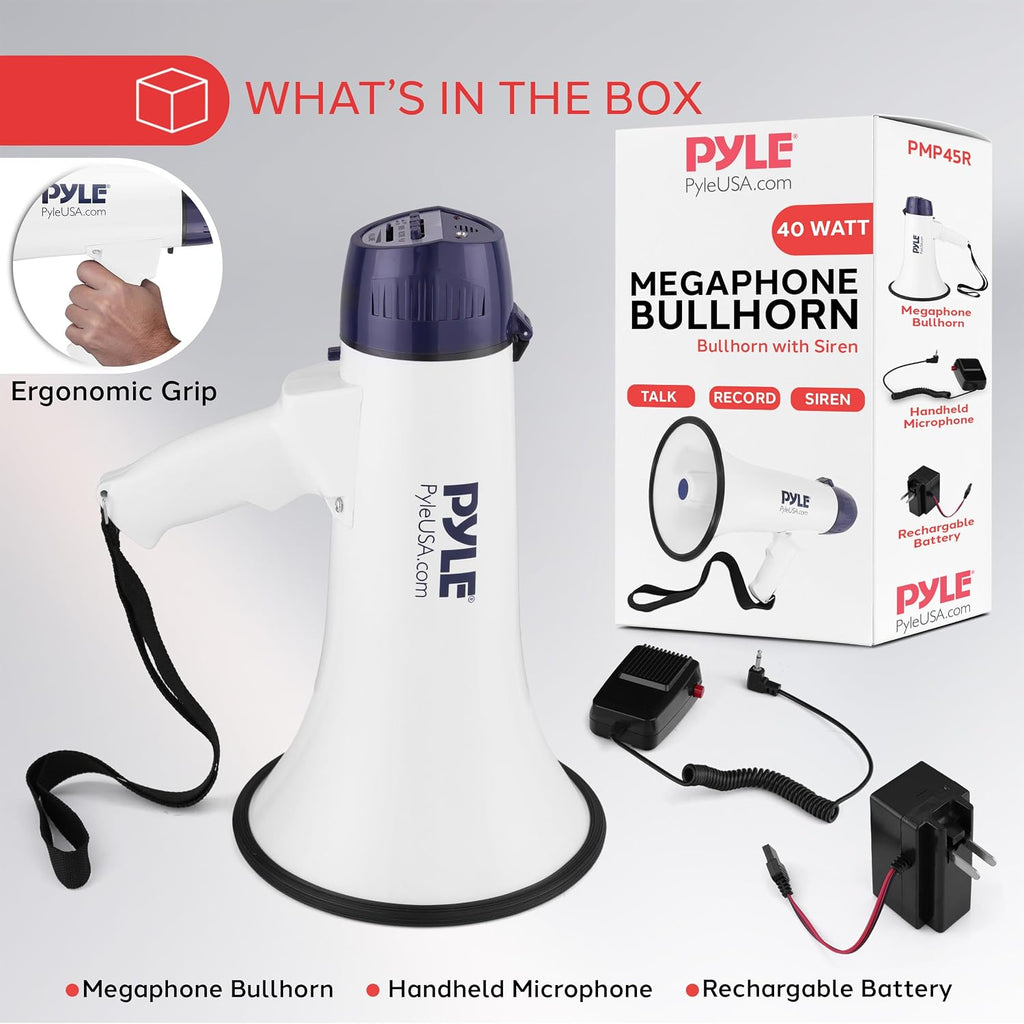 40W Bullhorn Megaphone Speaker, 1,000-Yard Range with Rechargeable Built-in Battery, 10-Second Memory Record