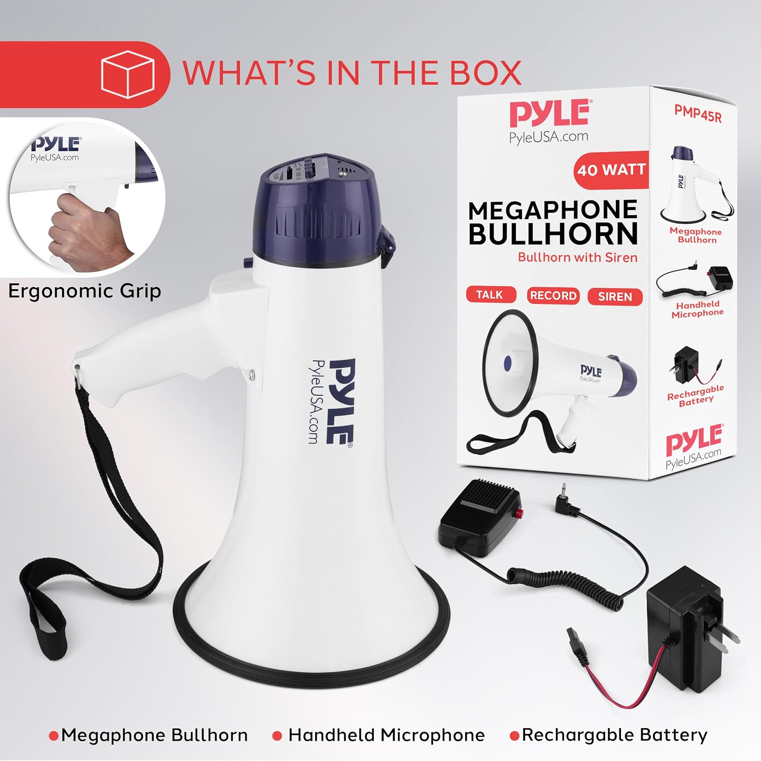 40W Bullhorn Megaphone Speaker, 1,000-Yard Range with Rechargeable Built-in Battery, 10-Second Memory Record
